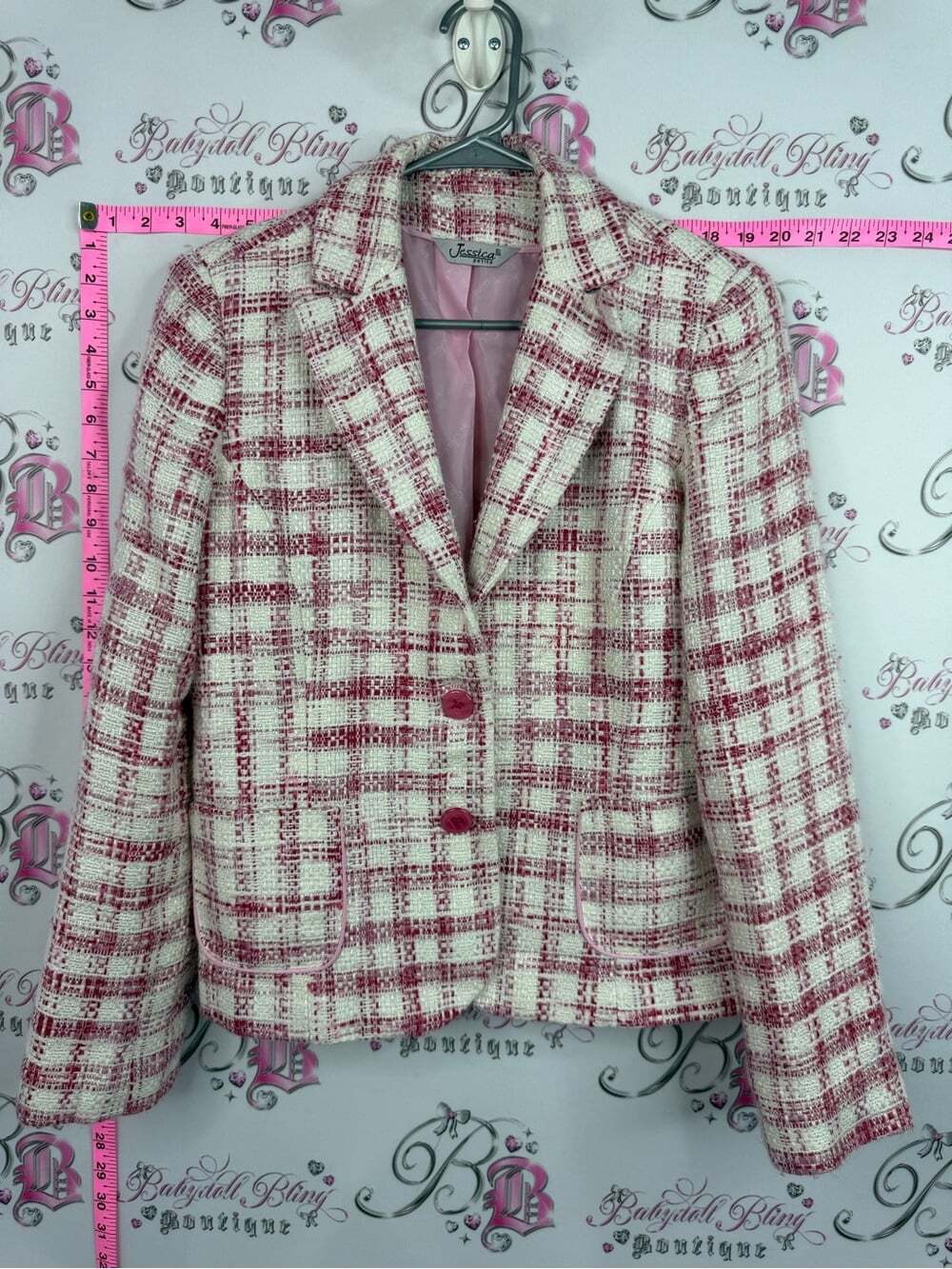 Jessica blazer button up Pink and Cream Plaid Tweed Blazer